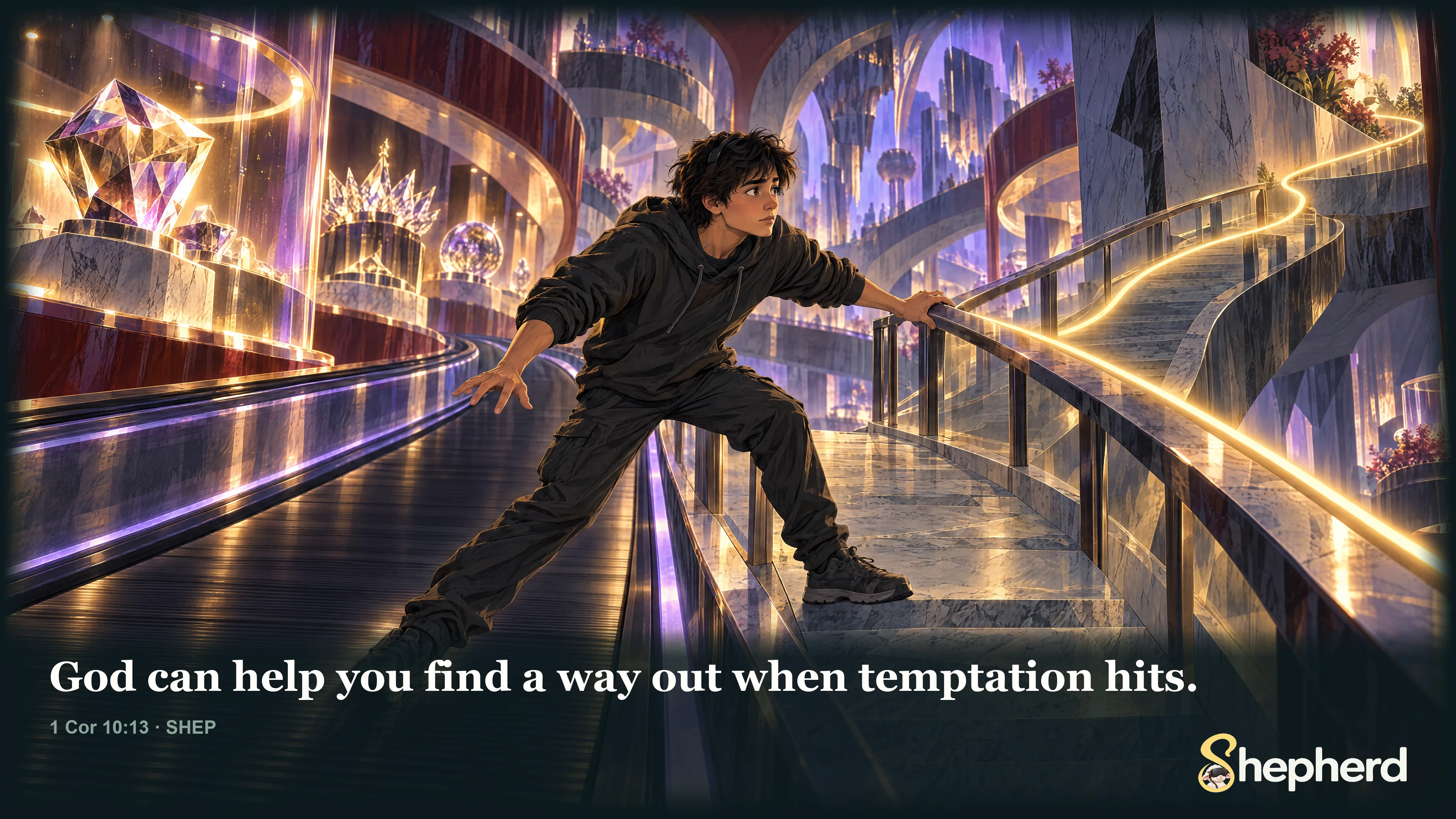 God can help you find a way out when temptation hits. — 1 Corinthians 10:13 · SHEP