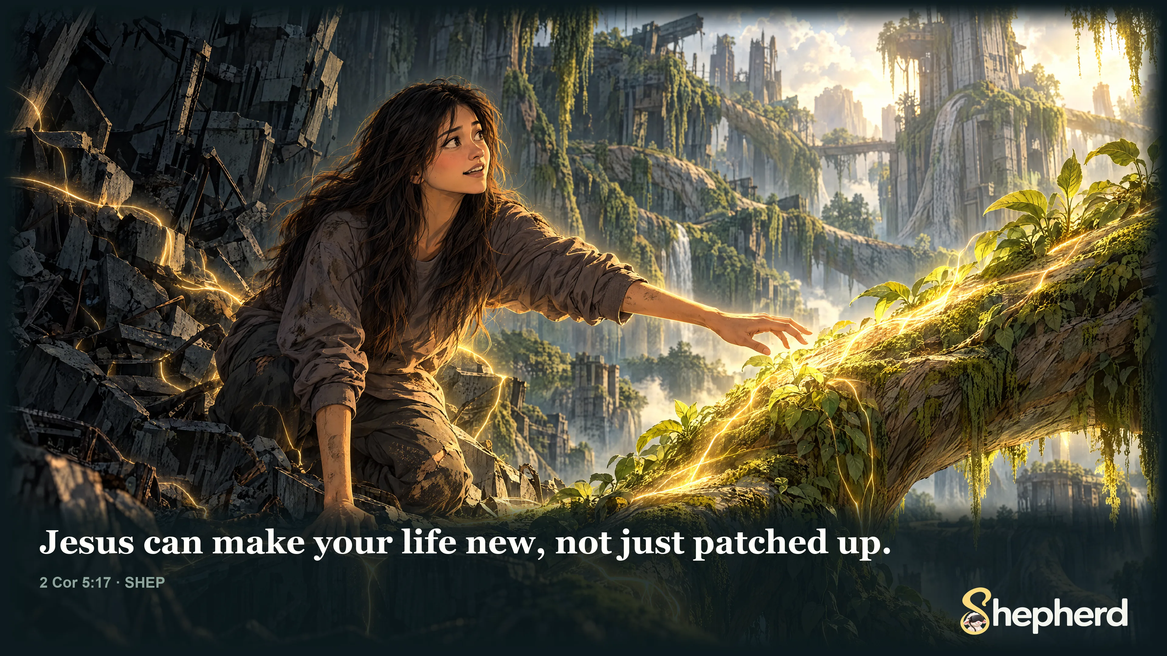 Jesus can make your life new, not just patched up. — 2 Corinthians 5:17 · SHEP