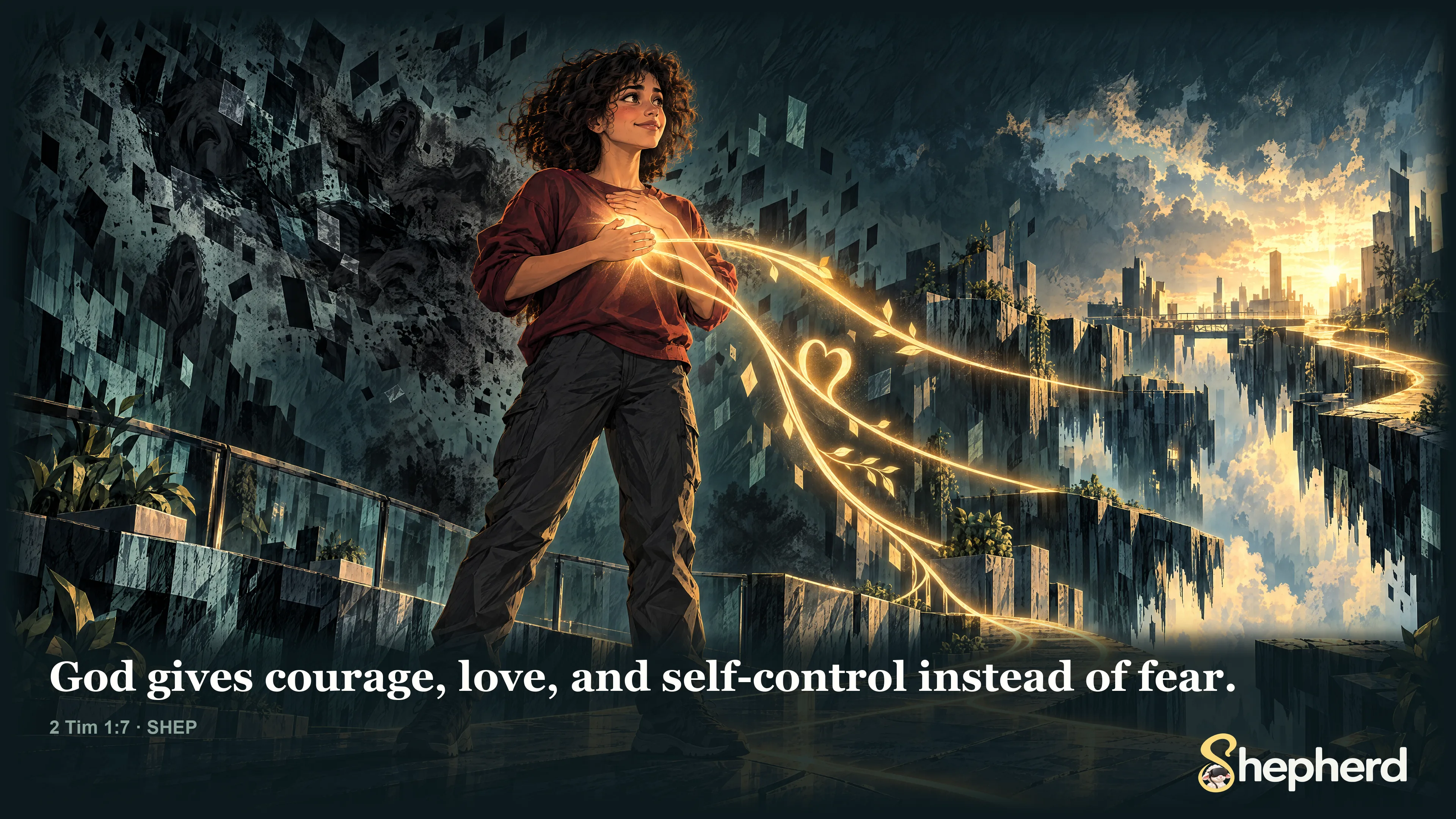 God gives courage, love, and self-control instead of fear. — 2 Timothy 1:7 · SHEP