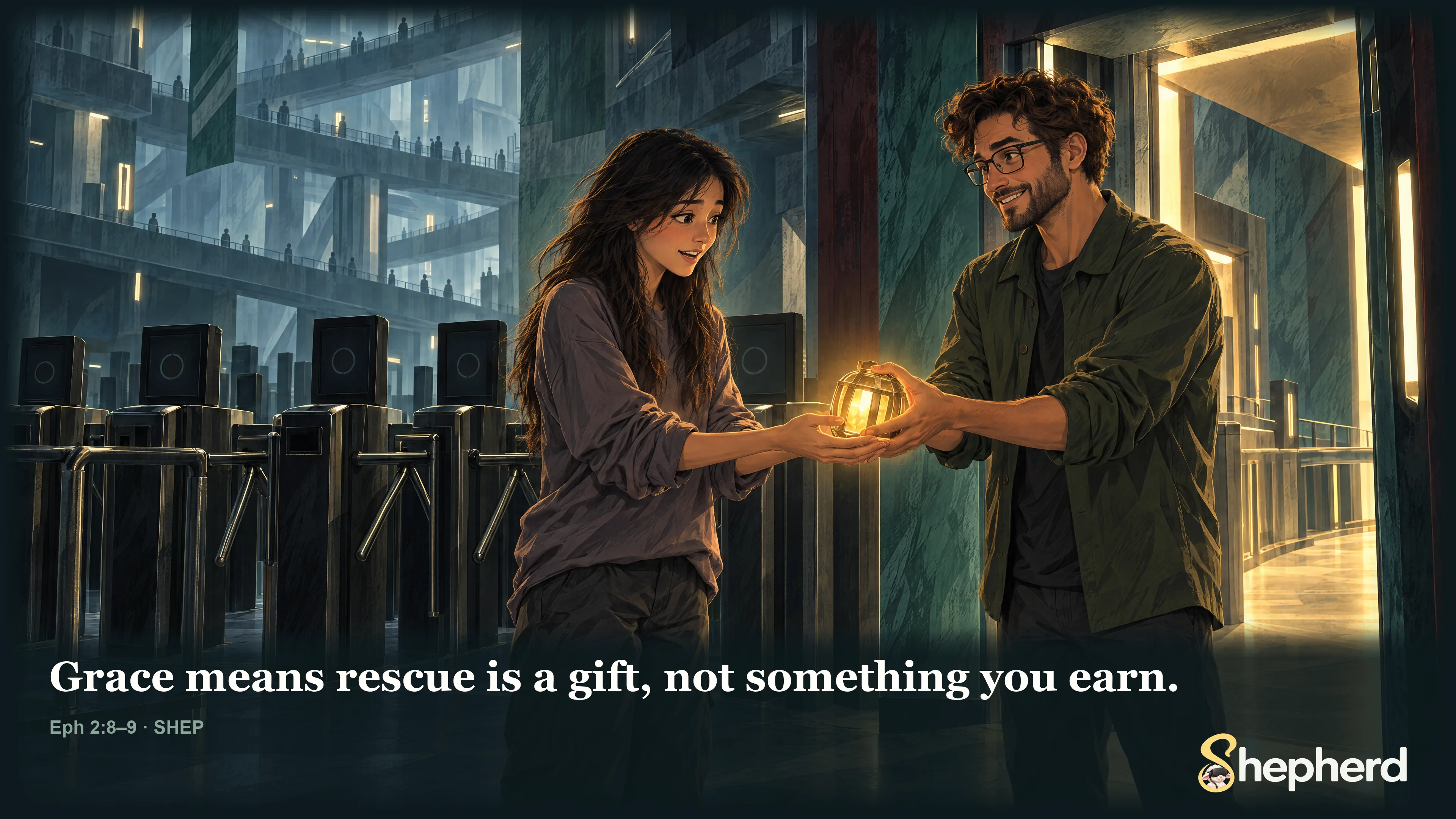 Grace means rescue is a gift, not something you earn. — Ephesians 2:8–9 · SHEP
