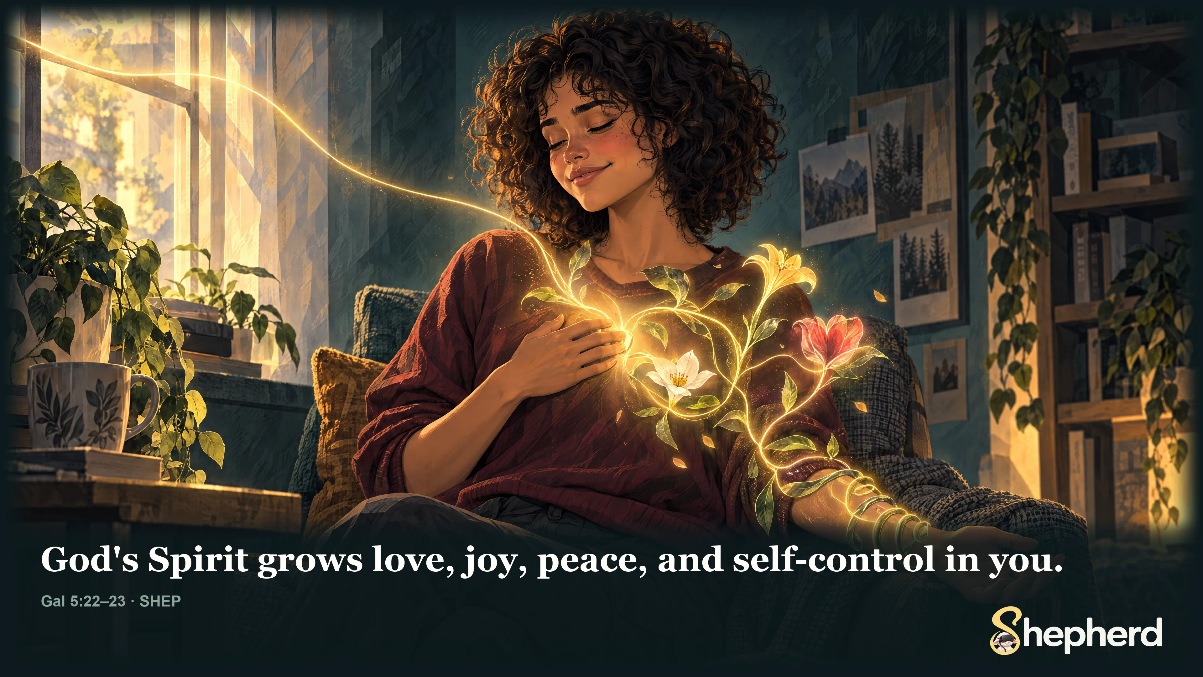God's Spirit grows love, joy, peace, and self-control in you. — Galatians 5:22–23 · SHEP