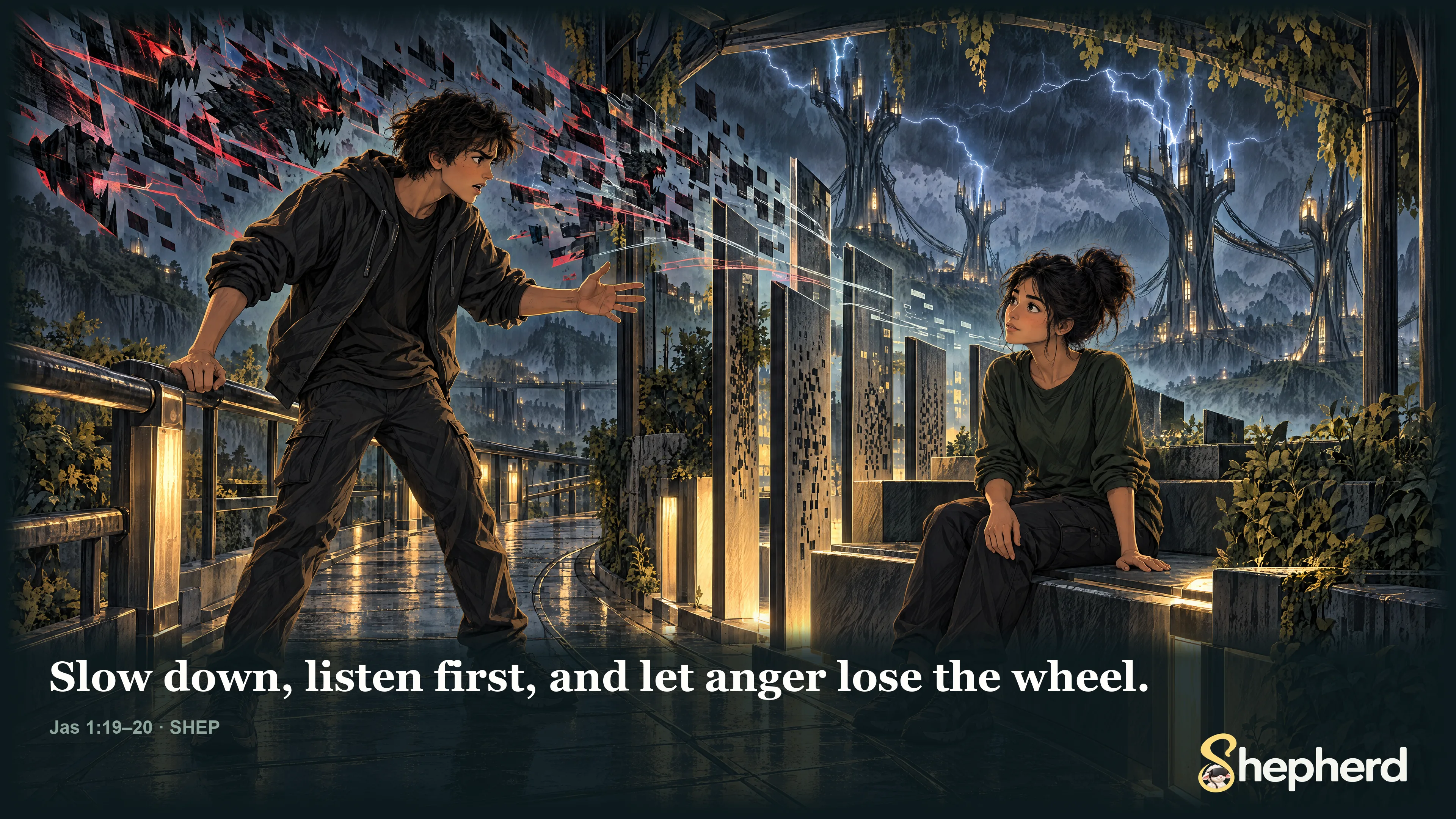 Slow down, listen first, and let anger lose the wheel. — James 1:19–20 · SHEP