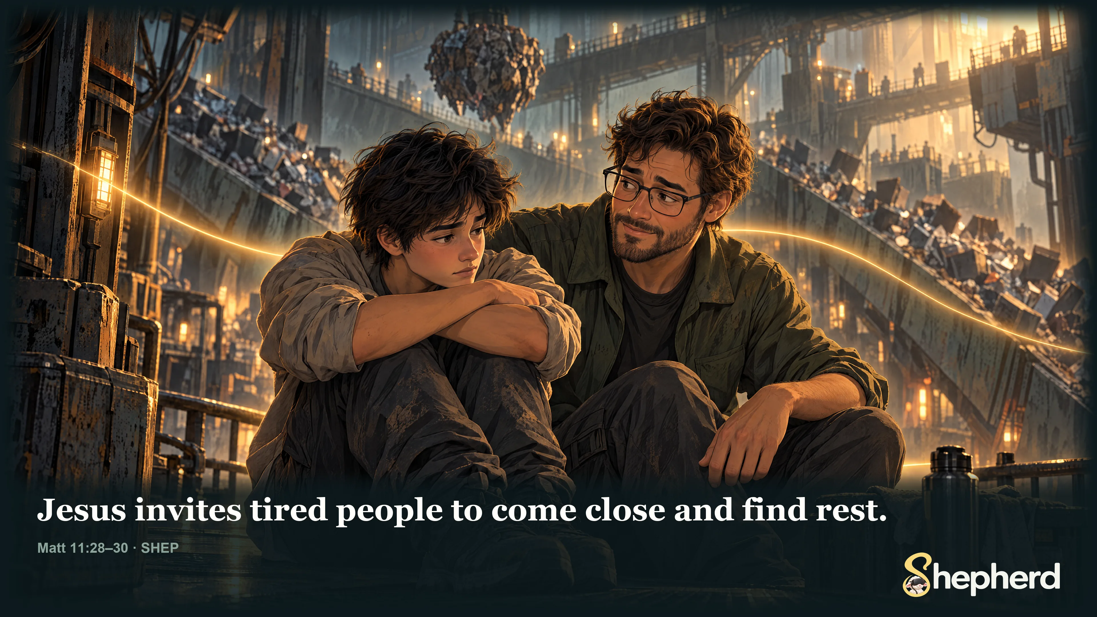 Jesus invites tired people to come close and find rest. — Matthew 11:28–30 · SHEP
